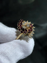 LIV 14k Yellow Gold Diamonds & Red Ruby Cocktail Design Vintage Band Ring Size 7