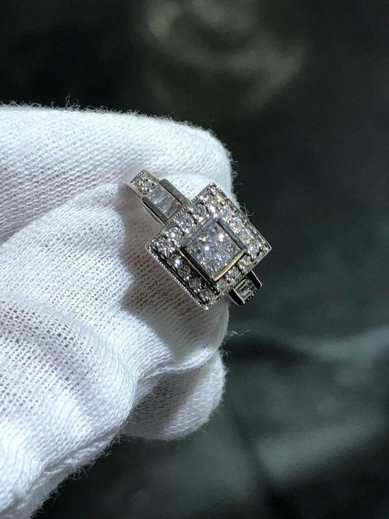 LIV 14k Solid White Gold Princess Cut White Natural Diamond Halo Band Ring Size 6