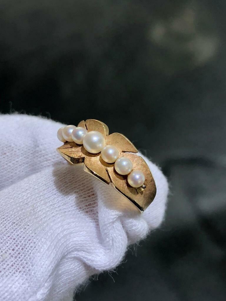 LIV 14k Solid Yellow Gold Graduated Fresh Water Pearl Design Band Ring Size 7.5