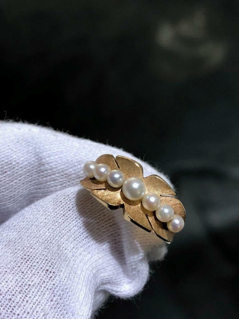 LIV 14k Solid Yellow Gold Graduated Fresh Water Pearl Design Band Ring Size 7.5