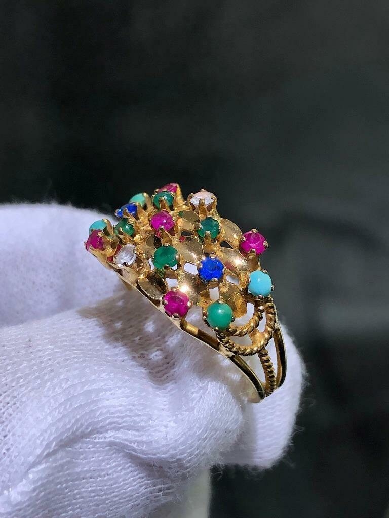 LIV 14k Solid Yellow Gold Ruby & Multi Gemstone Hand Made Wide Design Band Ring Size 9