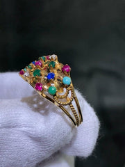 LIV 14k Solid Yellow Gold Ruby & Multi Gemstone Hand Made Wide Design Band Ring Size 9