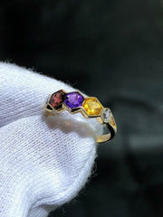 LIV 14k Solid Yellow Gold Diamonds & Multi Gemstone Hexagon Design Band Ring Size 4.5