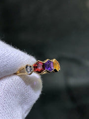 LIV 14k Solid Yellow Gold Diamonds & Multi Gemstone Hexagon Design Band Ring Size 4.5