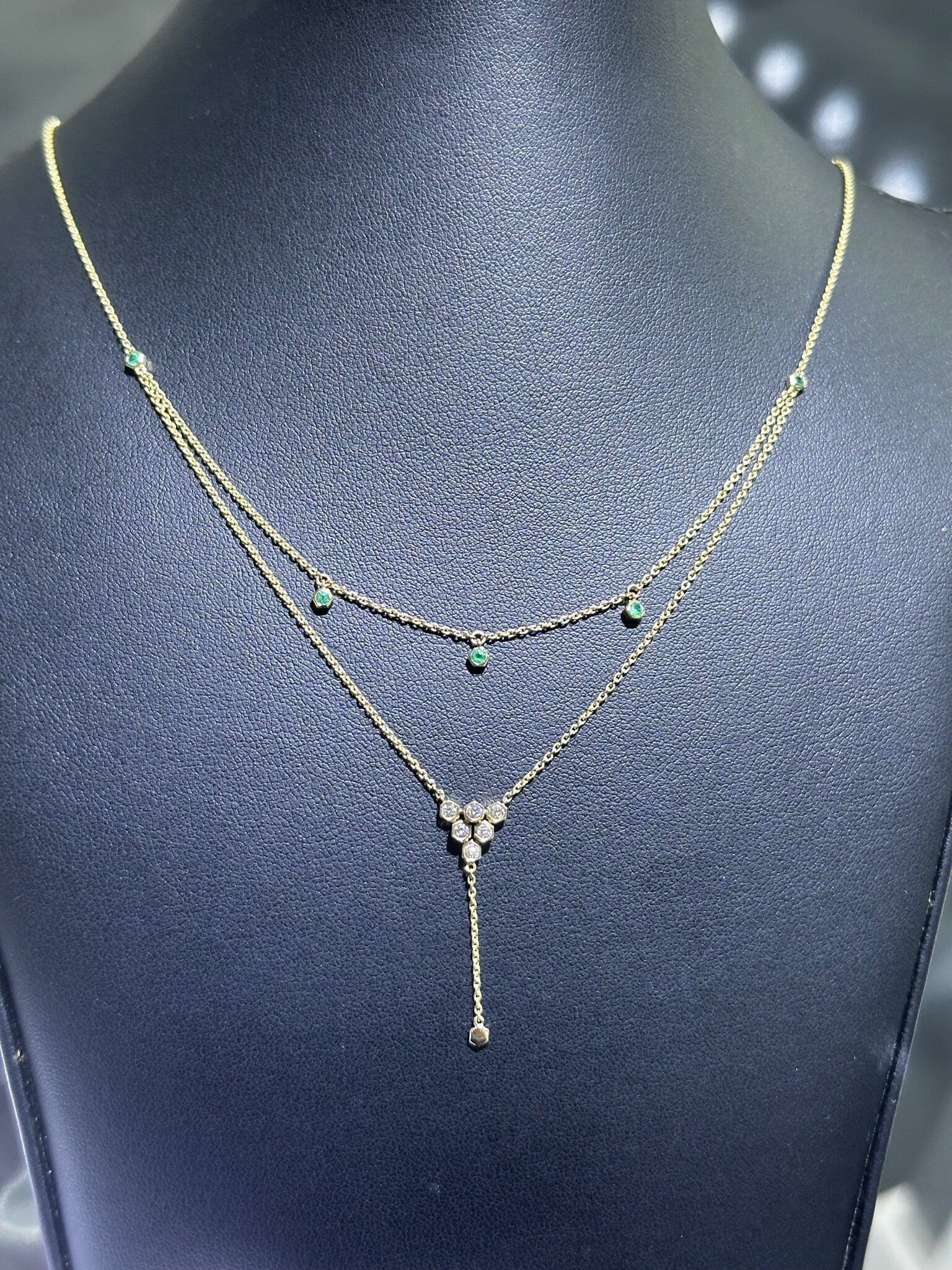 LIV 14k Yellow Gold & Natural Diamonds Green Emeralds Halo Drop Lariat Necklace