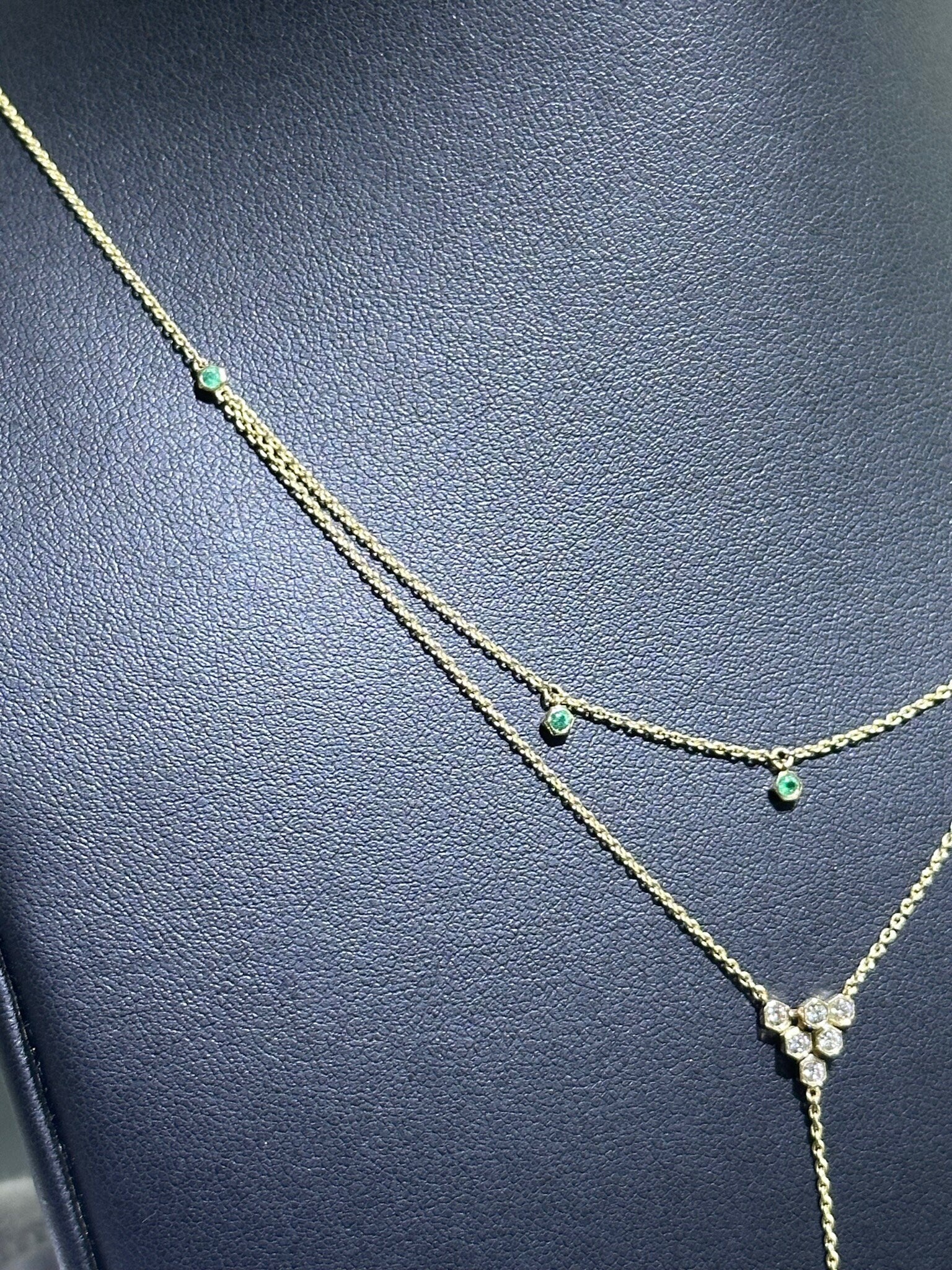 LIV 14k Yellow Gold & Natural Diamonds Green Emeralds Halo Drop Lariat Necklace