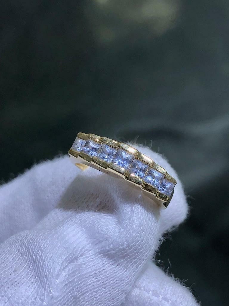 LIV 14k Solid Yellow Gold Blue Topaz Princess Cut Step Design Band Ring Size 7