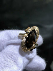 LIV 14k Solid Yellow Gold Natural Smokey Topaz Marquise Cut Vintage Style Halo Ring