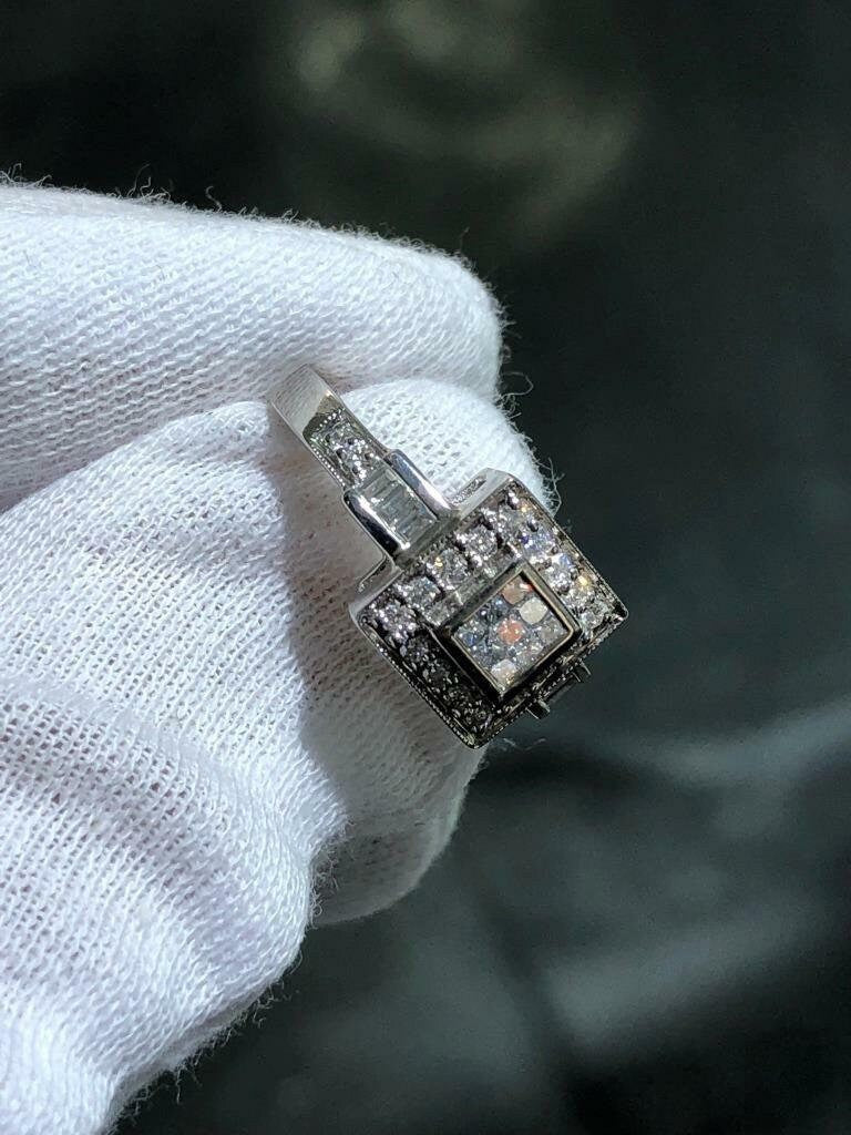 LIV 14k Solid White Gold Princess Cut White Natural Diamond Halo Band Ring Size 6