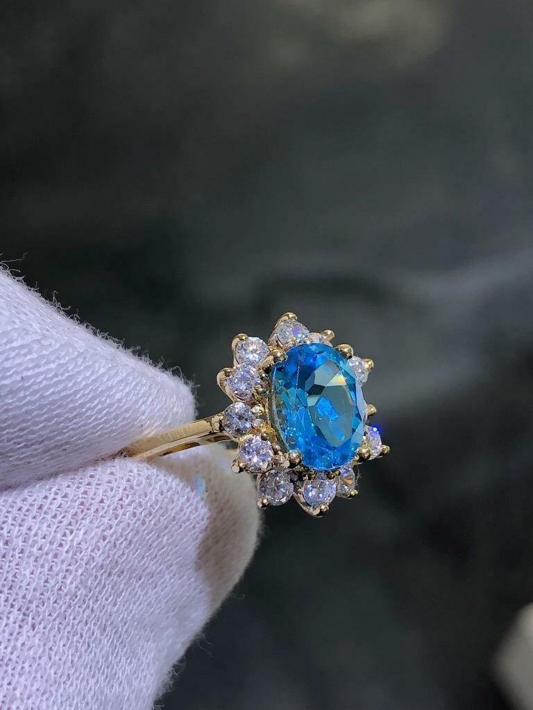 LIV 14k Solid Yellow Gold Round Blue Topaz & Diamonds Vintage Princess Diana Halo Ring Size 7