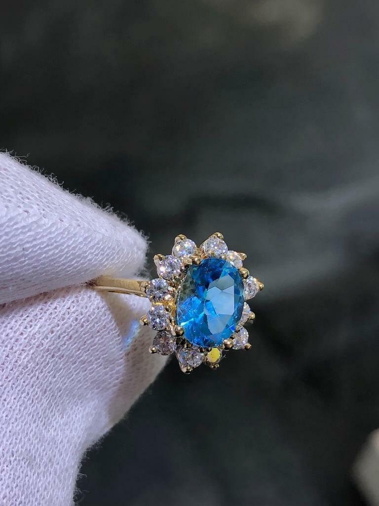 LIV 14k Solid Yellow Gold Round Blue Topaz & Diamonds Vintage Princess Diana Halo Ring Size 7