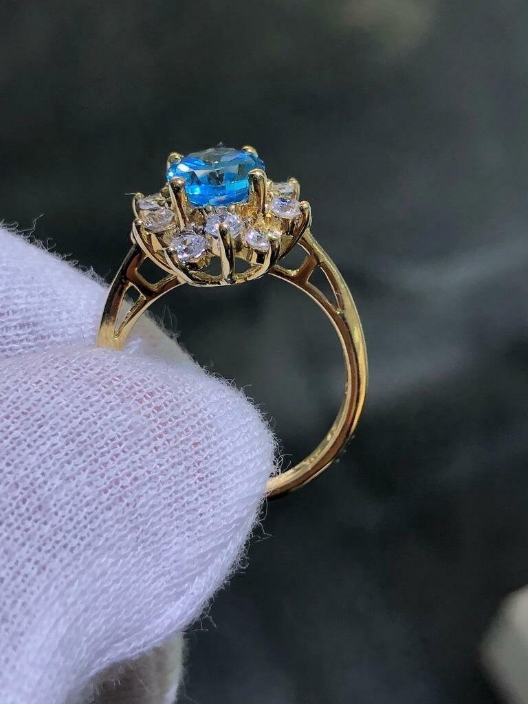 LIV 14k Solid Yellow Gold Round Blue Topaz & Diamonds Vintage Princess Diana Halo Ring Size 7