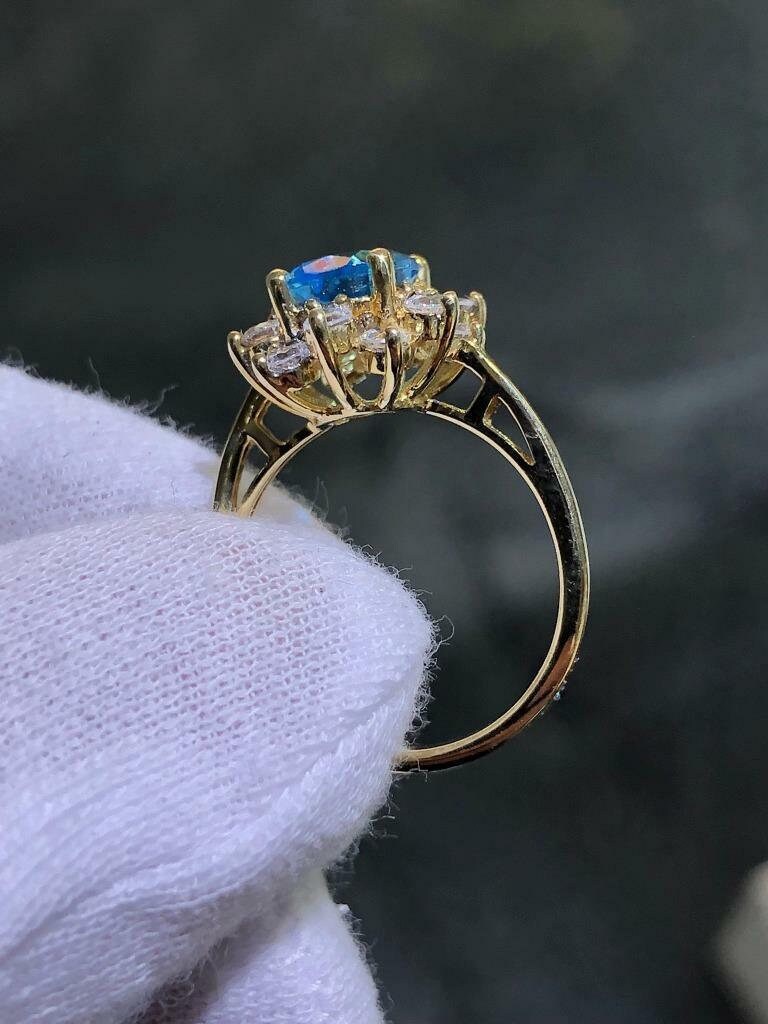 LIV 14k Solid Yellow Gold Round Blue Topaz & Diamonds Vintage Princess Diana Halo Ring Size 7