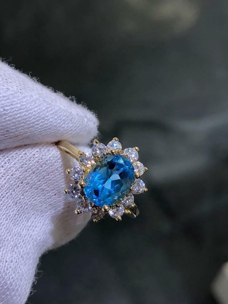 LIV 14k Solid Yellow Gold Round Blue Topaz & Diamonds Vintage Princess Diana Halo Ring Size 7