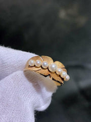 LIV 14k Solid Yellow Gold Graduated Fresh Water Pearl Design Band Ring Size 7.5