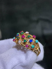 LIV 14k Solid Yellow Gold Ruby & Multi Gemstone Hand Made Wide Design Band Ring Size 9