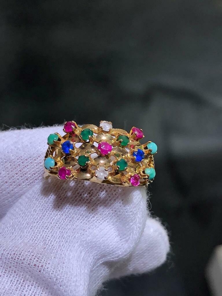 LIV 14k Solid Yellow Gold Ruby & Multi Gemstone Hand Made Wide Design Band Ring Size 9