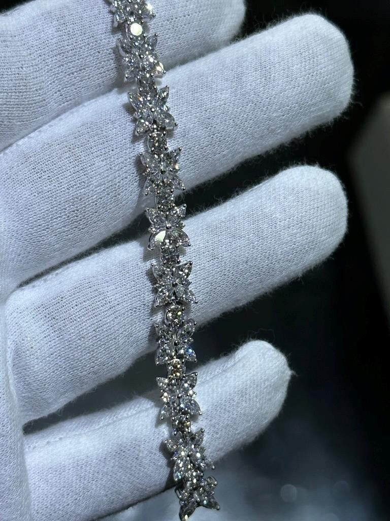 LIV 14k White Gold Lab Grown Flower Halo Diamond Tennis Bracelet 10.80 ct 7" Length