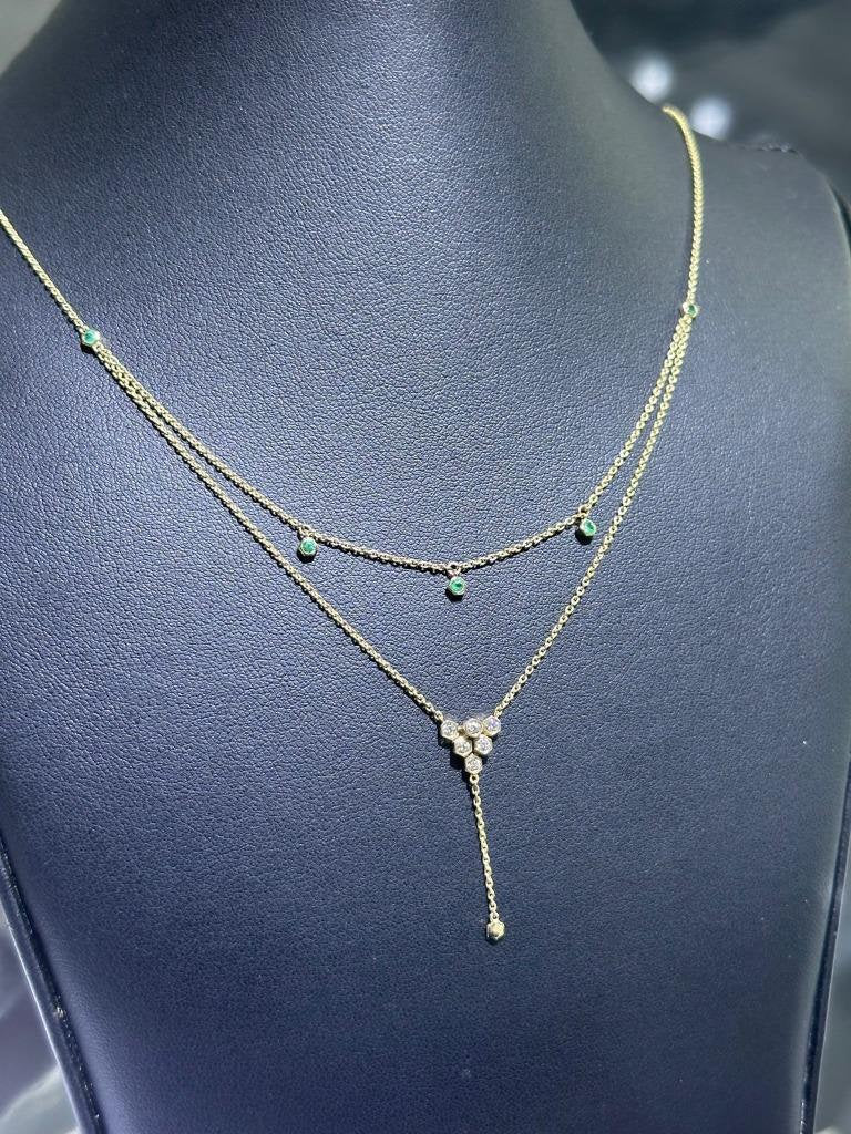 LIV 14k Yellow Gold & Natural Diamonds Green Emeralds Halo Drop Lariat Necklace Gift