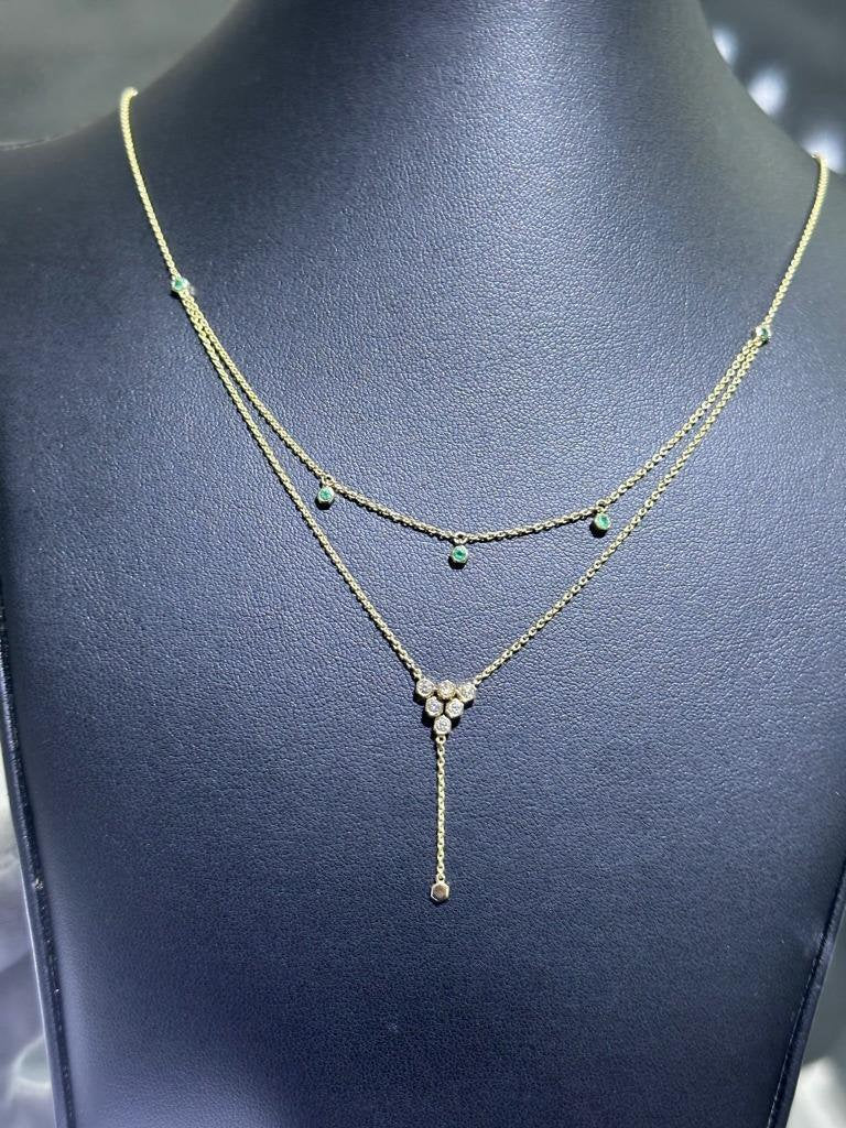 LIV 14k Yellow Gold & Natural Diamonds Green Emeralds Halo Drop Lariat Necklace Gift