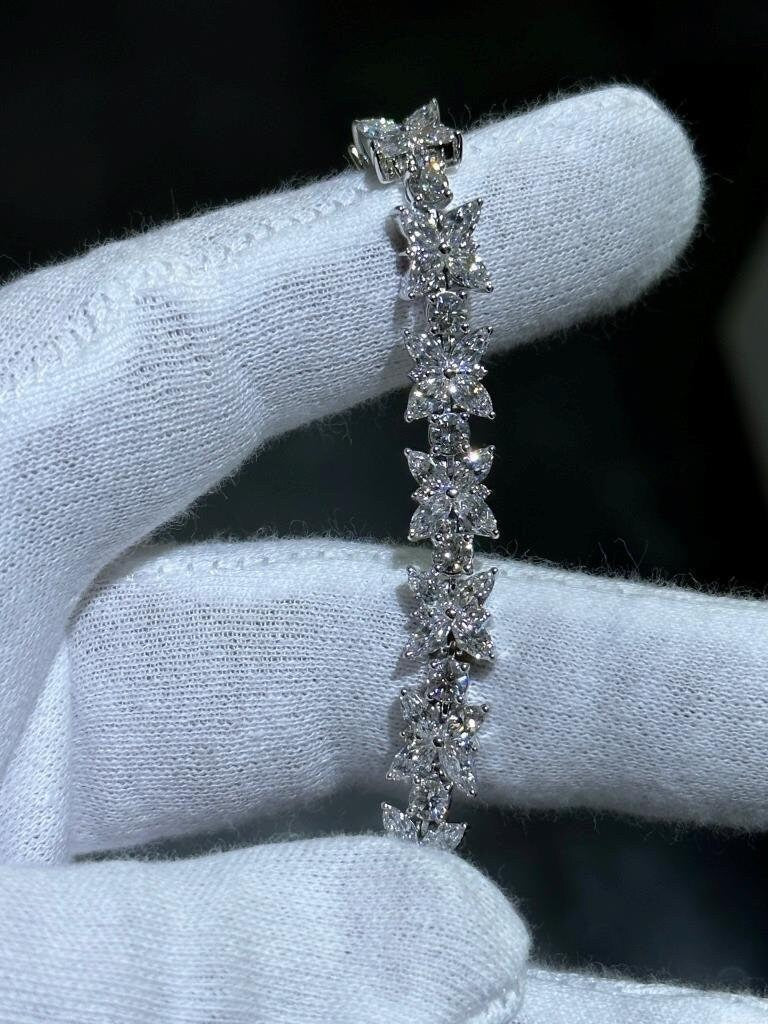 LIV 14k White Gold Lab Grown Flower Halo Diamond Tennis Bracelet 10.80 ct 7" Length