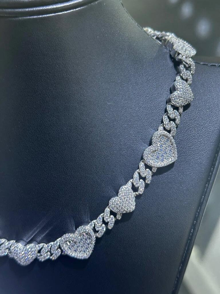 LIV Platinum Sterling Silver Unique Baguette White Sapphire Heart Tennis Necklace