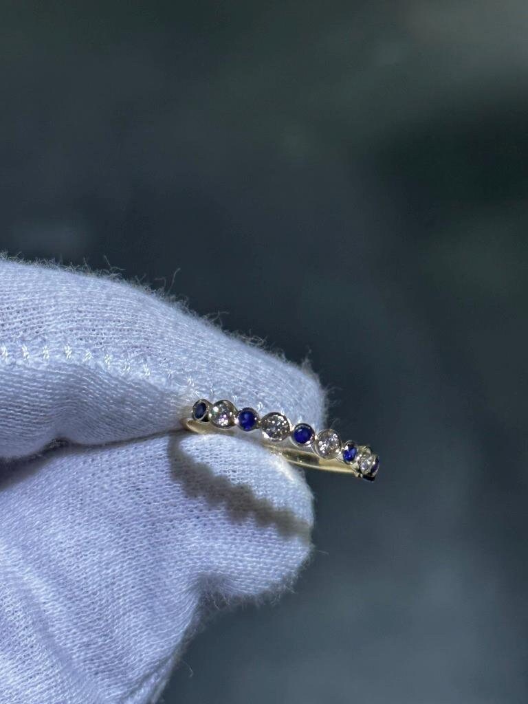 LIV 14k Yellow Gold & Natural Diamonds Blue Sapphire Thin Halo Design Band Ring Sz 7