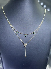 LIV 14k Yellow Gold & Natural Diamonds Green Emeralds Halo Drop Lariat Necklace Gift