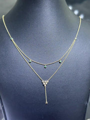LIV 14k Yellow Gold & Natural Diamonds Green Emeralds Halo Drop Lariat Necklace Gift