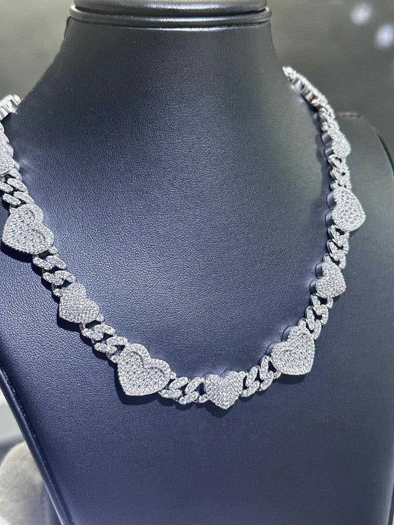 LIV Platinum Sterling Silver Unique Baguette White Sapphire Heart Tennis Necklace