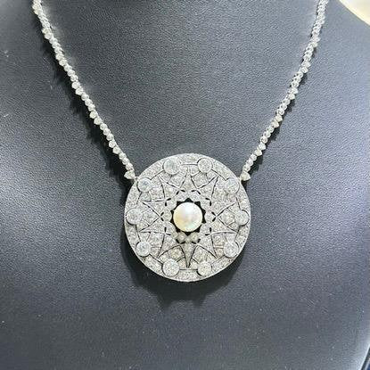 LIV 14k White Gold & Diamonds Vintage Large Disk Pearl Shield Tennis Necklace Gift