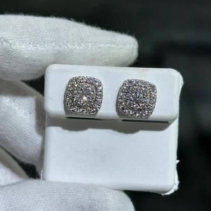 LIV 14k Solid White Gold & Diamonds Pave Cushion Halo Design Stud Earrings 0.96ct