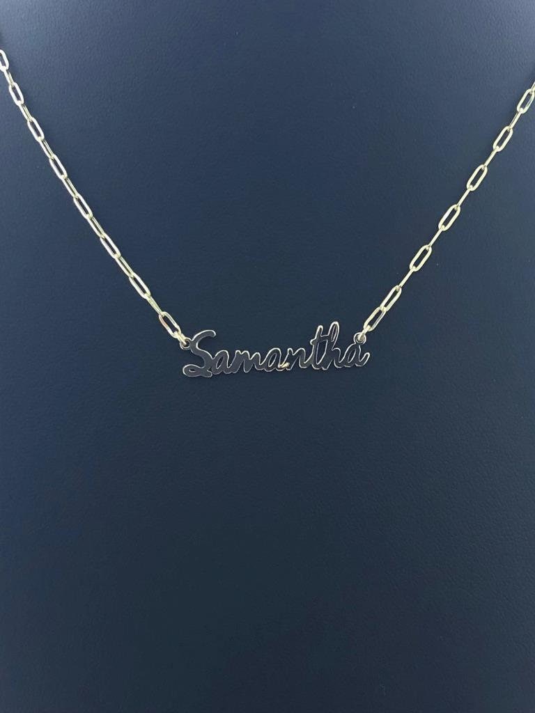 LIV 14k Yellow Gold Samantha Script Design Paper Link Name Necklace 16" Length Gift