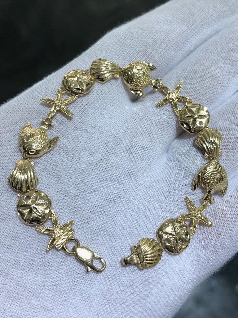 LIV 14k Yellow Gold Sea Life Design Star Fish Sand Dollar Sea Shell Bracelet 7" L