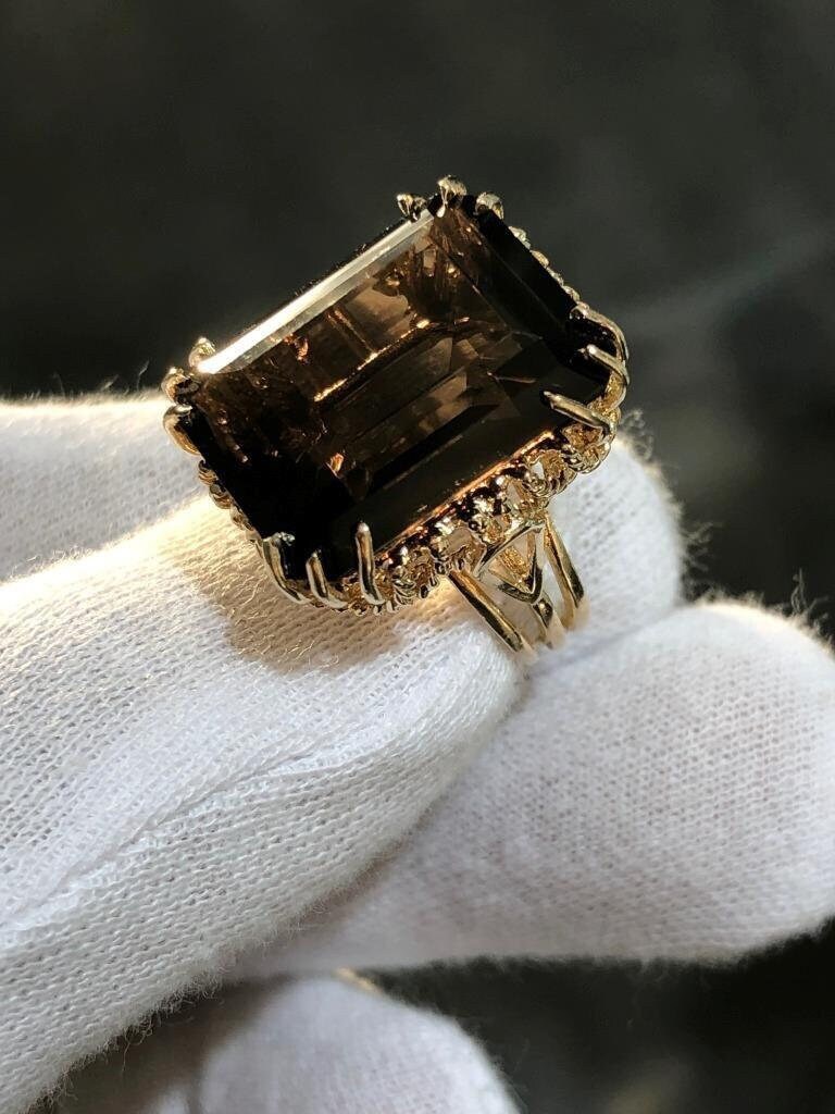 LIV 14k Yellow Gold Natural Smoky Topaz Large Emerald Cut Cocktail Ring Sz 6 Gift