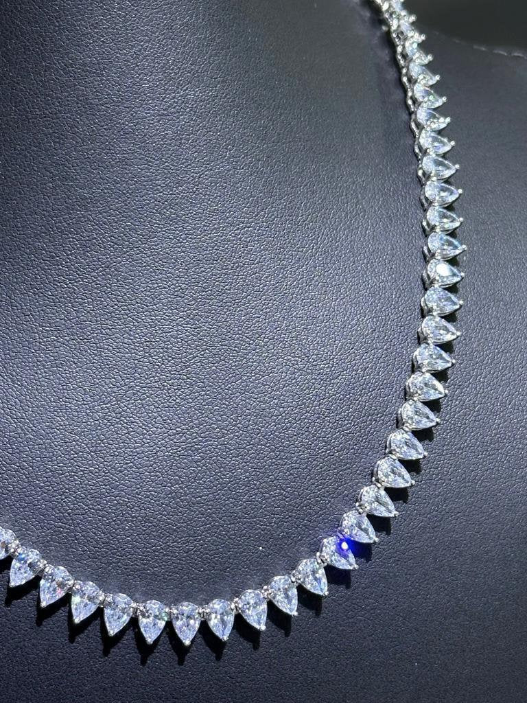 LIV Platinum Silver Rainbow White Sapphire Pear Shape Bridal Tennis Necklace 16" L