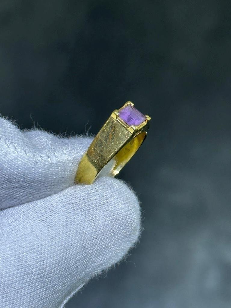 LIV 18k Yellow Gold & Purple Amethyst Princess Cut Vintage Design Signet Ring Size 7