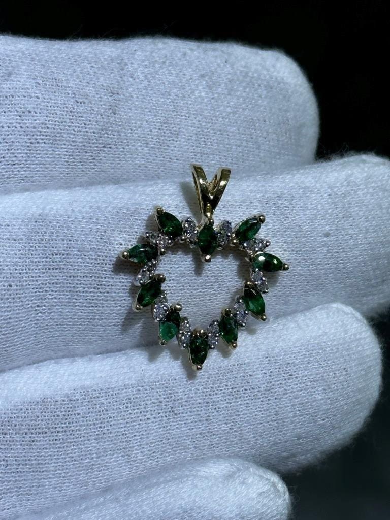 LIV 14k Yellow Gold Natural Diamonds & Green Emeralds Open Heart Design Pendant Gift