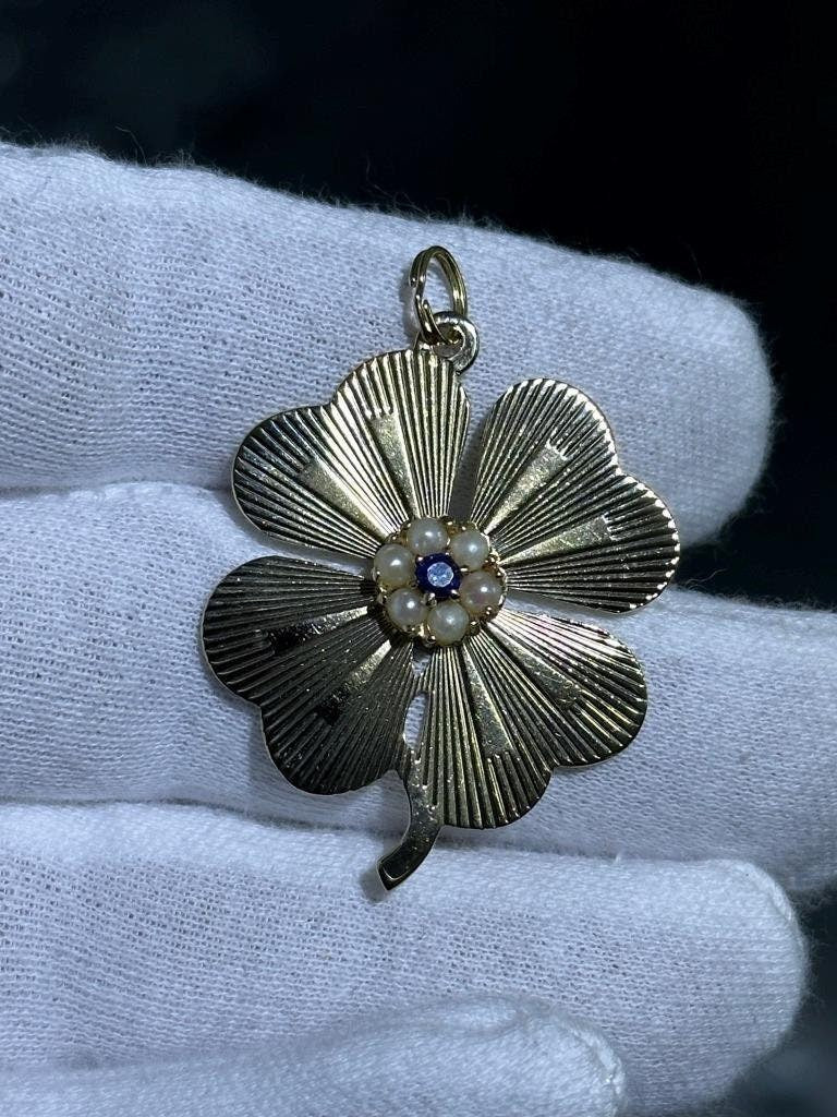 LIV 14k Yellow Gold Purple Amethyst & Pearl Four Leaf Clover Vintage Charm Pendant