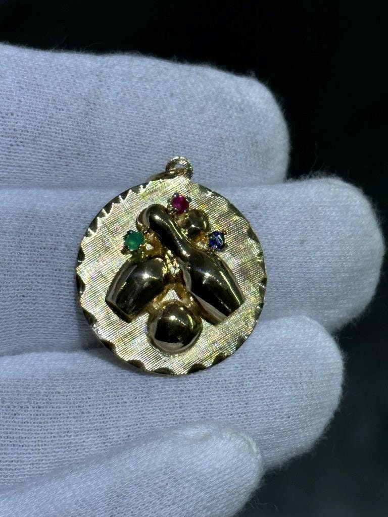 LIV 14k Yellow Gold Color Stone Wine Design Vintage Halo Diamond Cut Charm Pendant