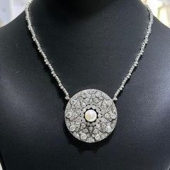 LIV 14k White Gold & Diamonds Vintage Large Disk Pearl Shield Tennis Necklace Gift