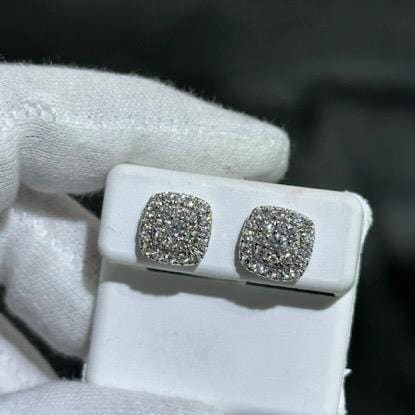 LIV 14k Solid White Gold & Diamonds Pave Cushion Halo Design Stud Earrings 0.96ct