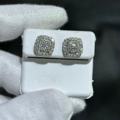 LIV 14k Solid White Gold & Diamonds Pave Cushion Halo Design Stud Earrings 0.96ct