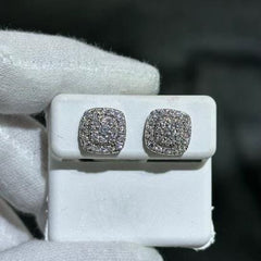 LIV 14k Solid White Gold & Diamonds Pave Cushion Halo Design Stud Earrings 0.96ct