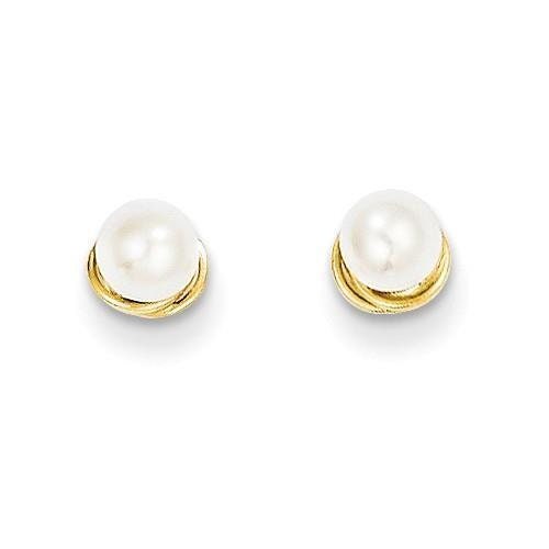 LIV 14k Solid Yellow Gold Love Knot Cable Design Pearl Stud Post Back Earrings