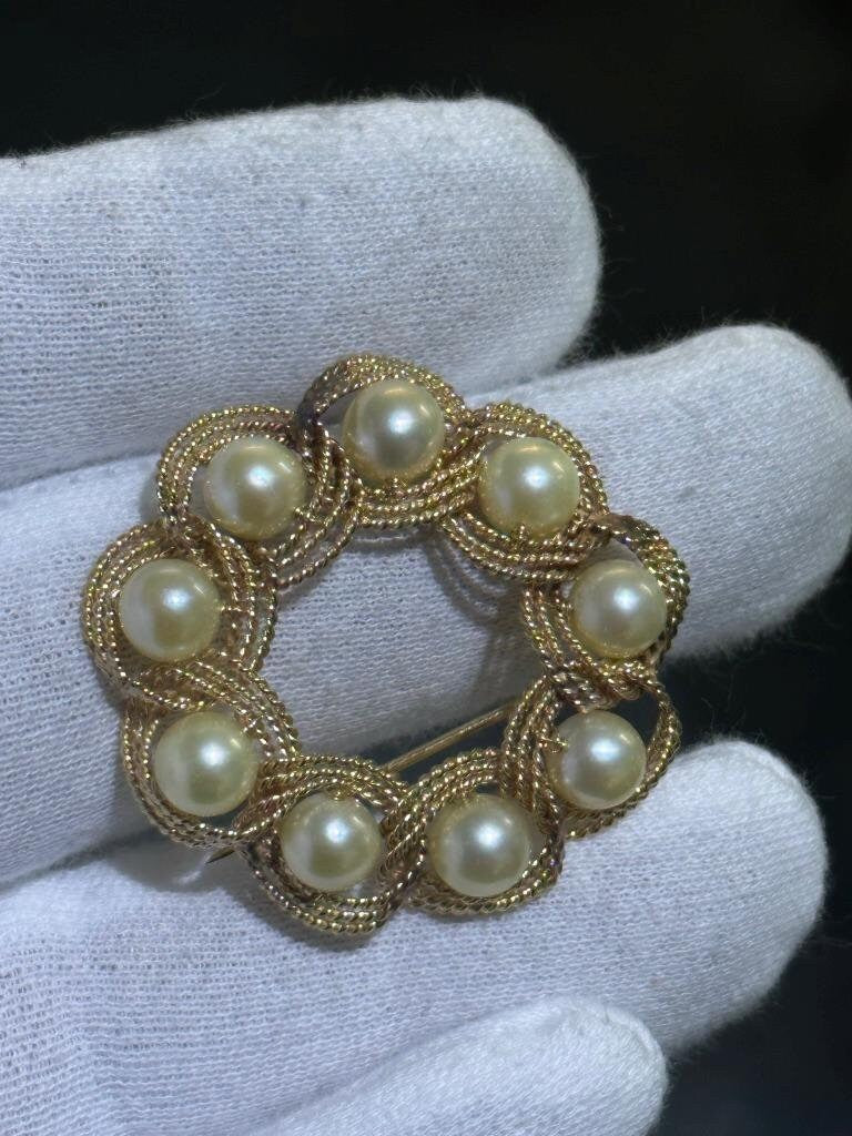 LIV 14k Yellow Gold Vintage Pearl Cable Design Halo Hand Made Brooch Pin 9.2 Gr Gift