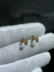 LIV 14k Yellow Gold Vintage Pearl Bow Design Hand Made Stud Earrings 1.2 Grams Gift