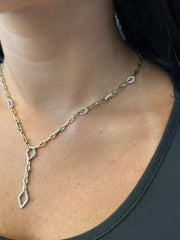 LIV 14k Yellow Gold Natural White Diamonds Paper Link Halo Lariat Style Necklace 16"