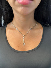 LIV 14k Yellow Gold Natural White Diamonds Paper Link Halo Lariat Style Necklace 16"