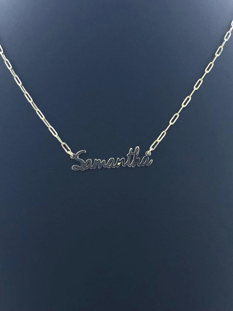 LIV 14k Yellow Gold Samantha Script Design Paper Link Name Necklace 16" Length Gift